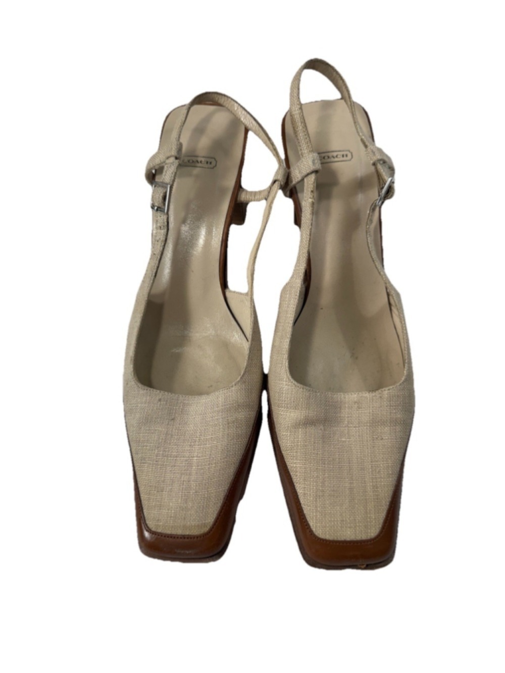 Coach Maddie neutral linen leather square toe slingback heels Sze 6.5 Italy Pump